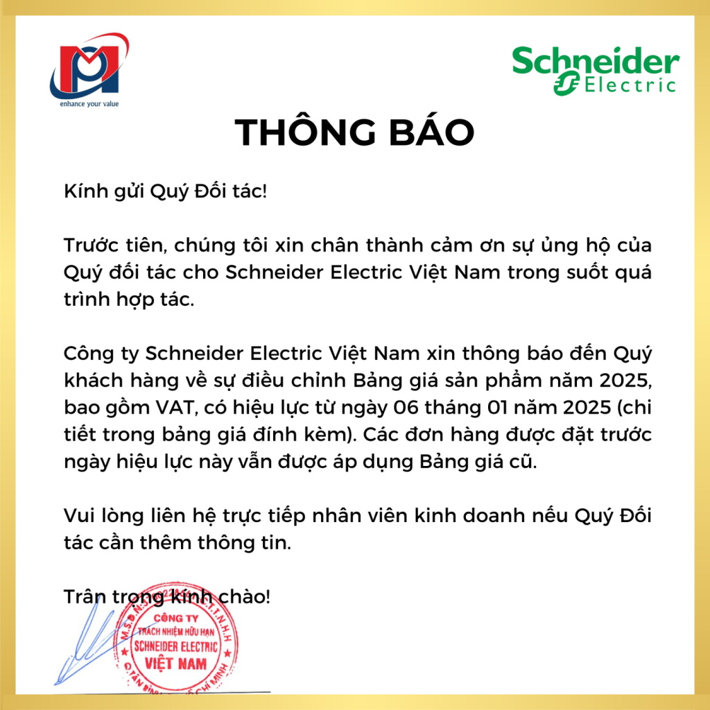 BẢNG GIÁ SCHNEIDER 2025 (ÁP DỤNG TỪ 06 tháng 01 năm 2025)